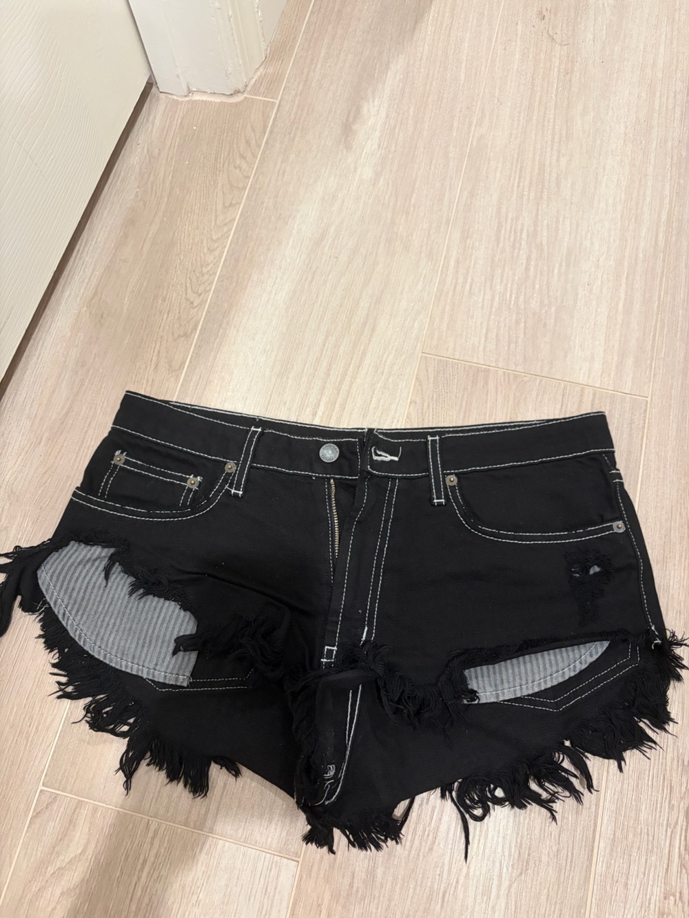 Carmar Black Distressed Denim Shorts with White Contrast Stitching